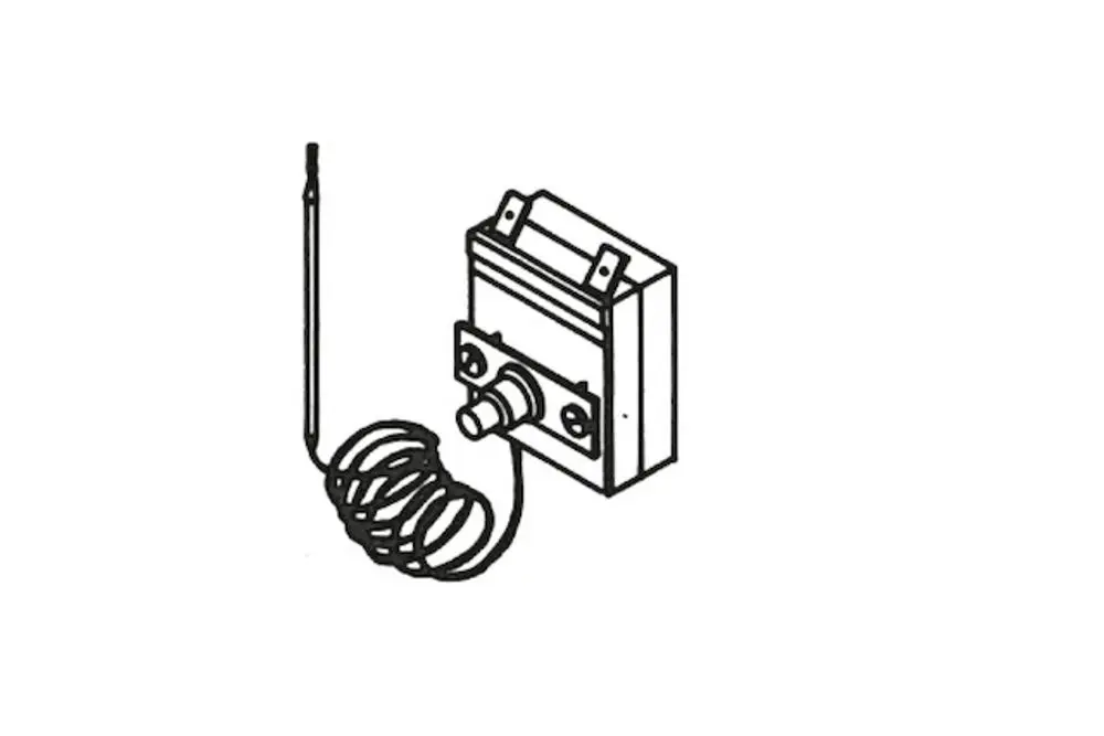 Sicherheitsthermostat von Roth mit einer aufgerollten Sensorleitung, montiert auf einem Gehäuse mit Anschlussmöglichkeit.